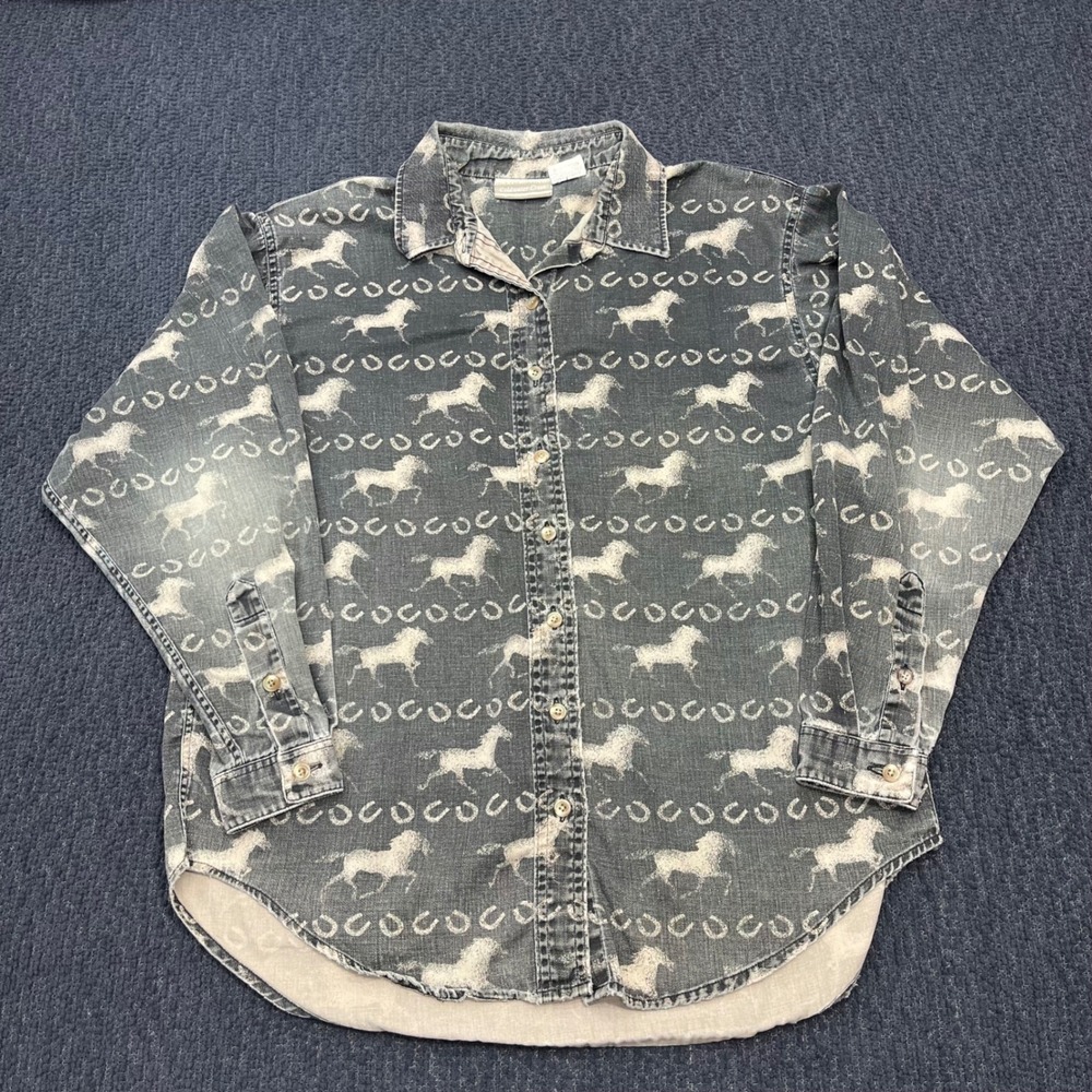 Coldwater Creek Vintage Horse Print Denim Shirt Mens M Black Acid Wash Western
